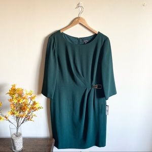 Tahari Pleated Cinched Waist Deep Forest Green Stretch Sheath Dress